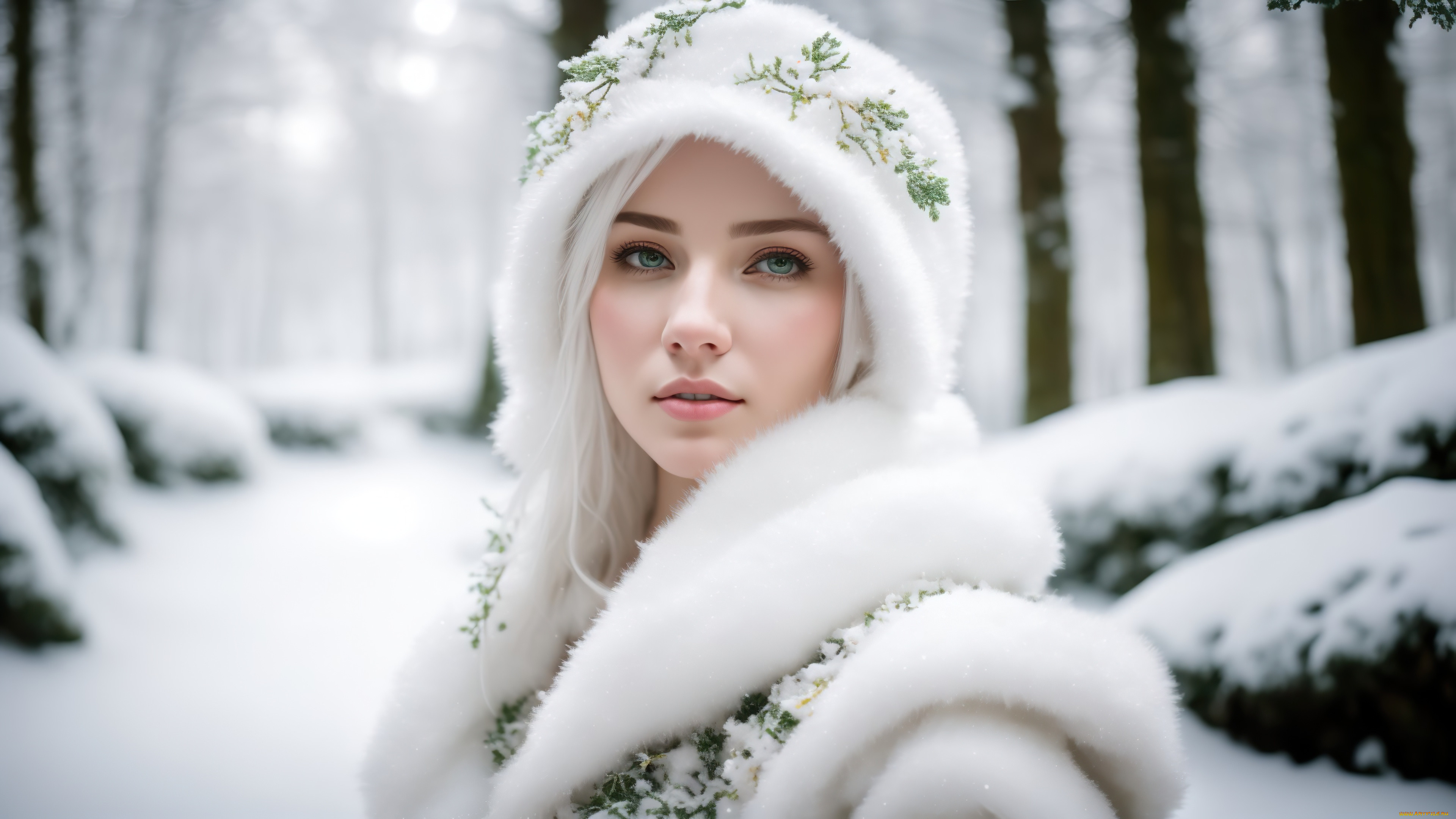 , 3 ,  , fantasy, girl, green, eyes, nature, art, winter, snow